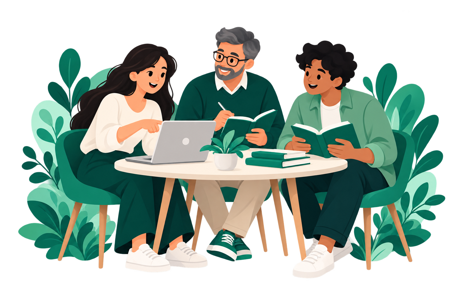 Tres personas colaborando con libros y un ordenador.