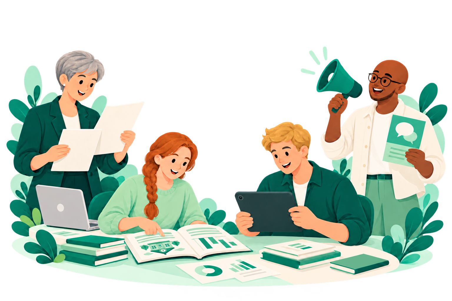 Cuatro personas investigan, preparan publicaciones, difunden campañas y aprenden con recursos digitales.